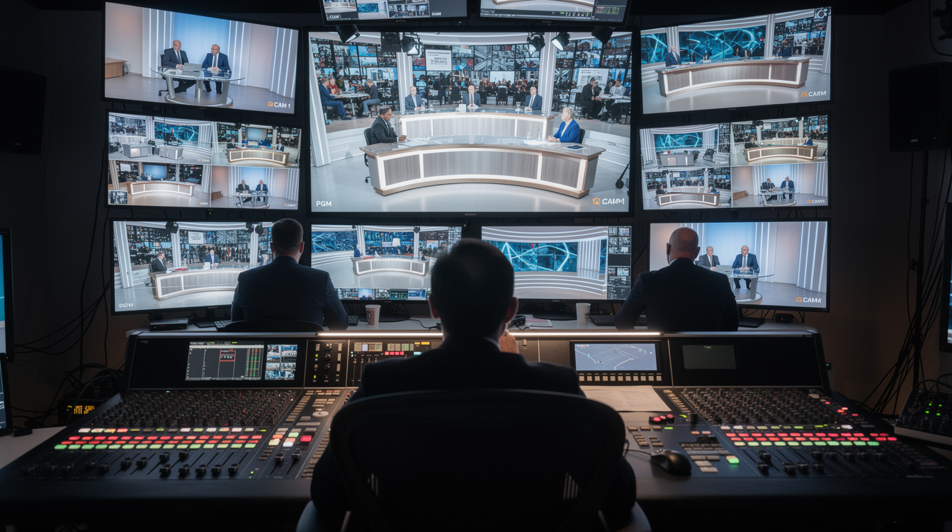 Production control room with video switcher and multiple monitors showing camera feeds
