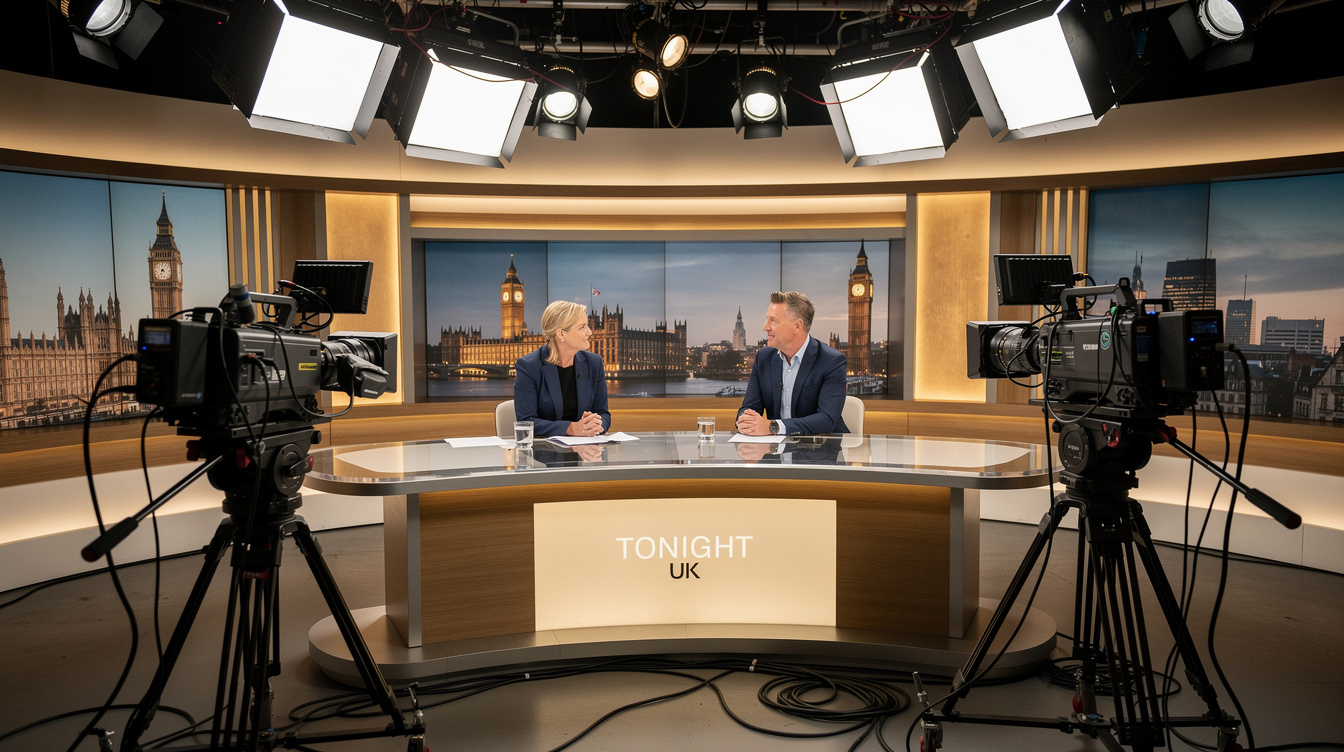 Talk-show host and guest recording a conversation in a broadcast studio with cameras and lighting rigs