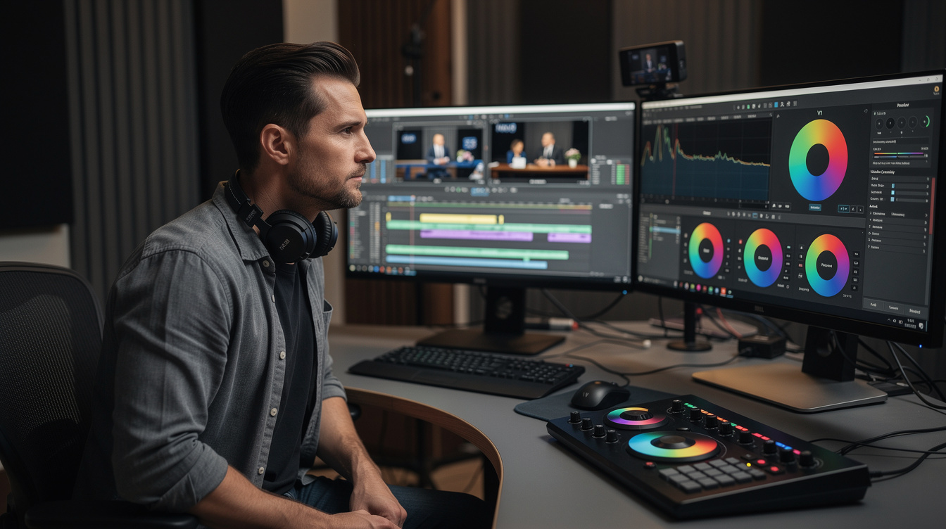 Video editor working on a recorded talk-show segment at an editing suite with multiple screens