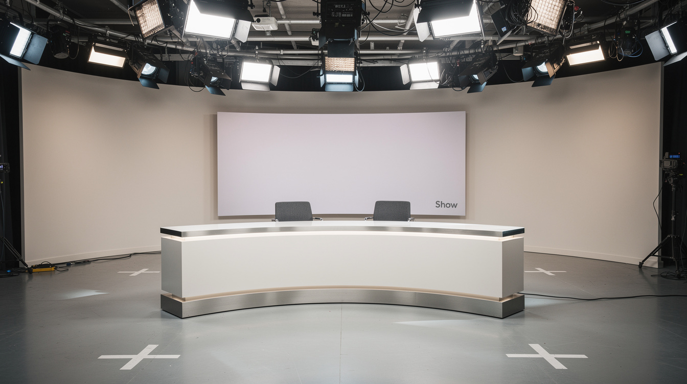 Wide view of an empty talk-show studio floor with desk, backdrop, and camera positions
