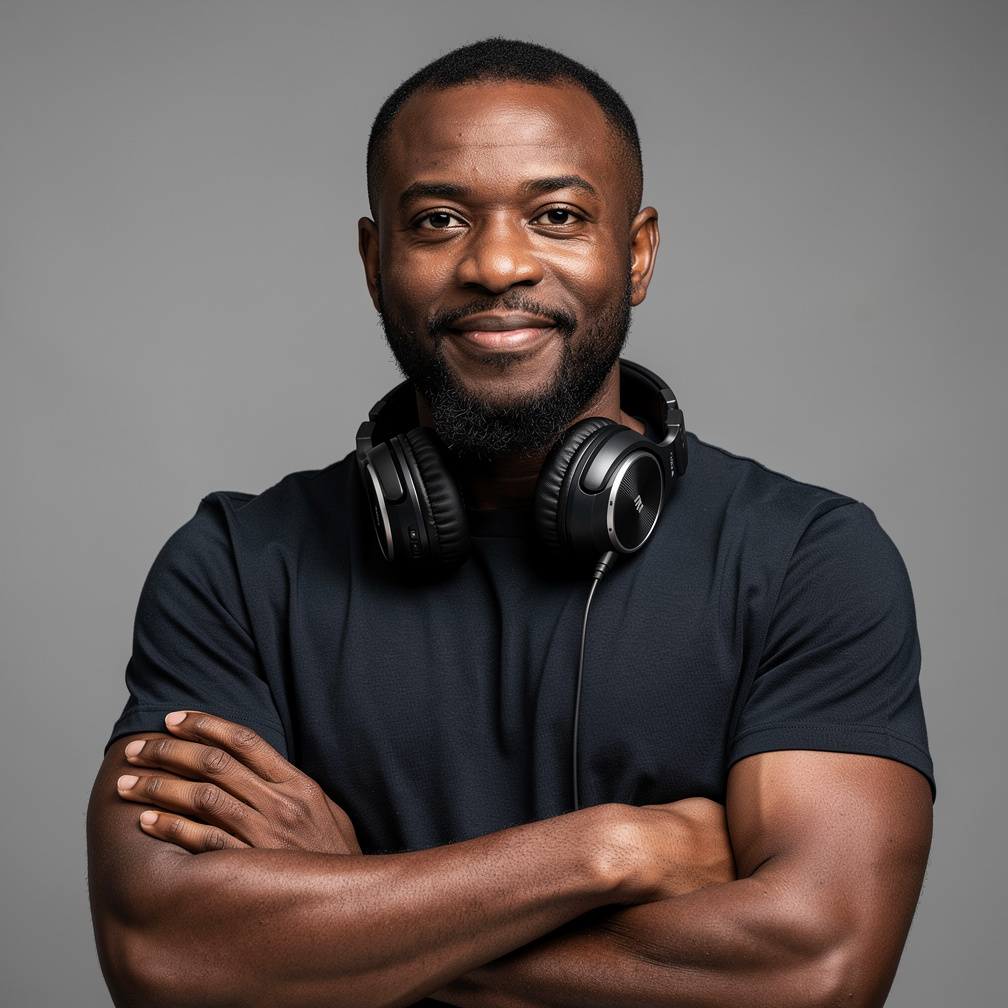 Portrait of a British man audio engineer wearing headphones in a studio