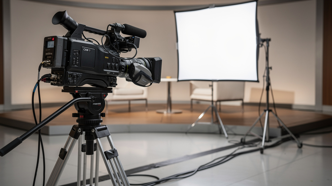 Broadcast camera on a tripod beside a softbox lighting rig on an empty talk-show set