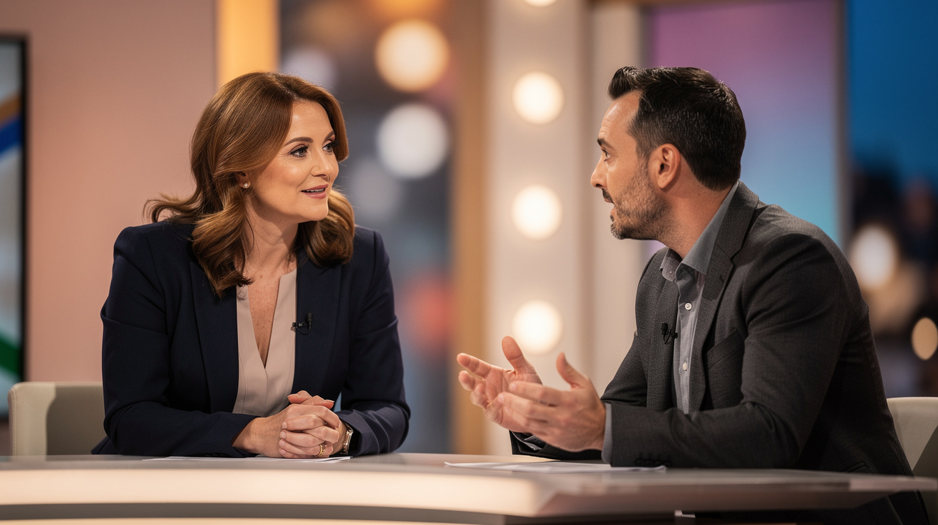 Close-up camera angle of a host interviewing a guest during a recorded talk-show segment