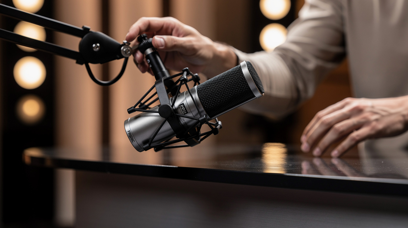 Boom microphone positioned over a talk-show desk during a studio setup